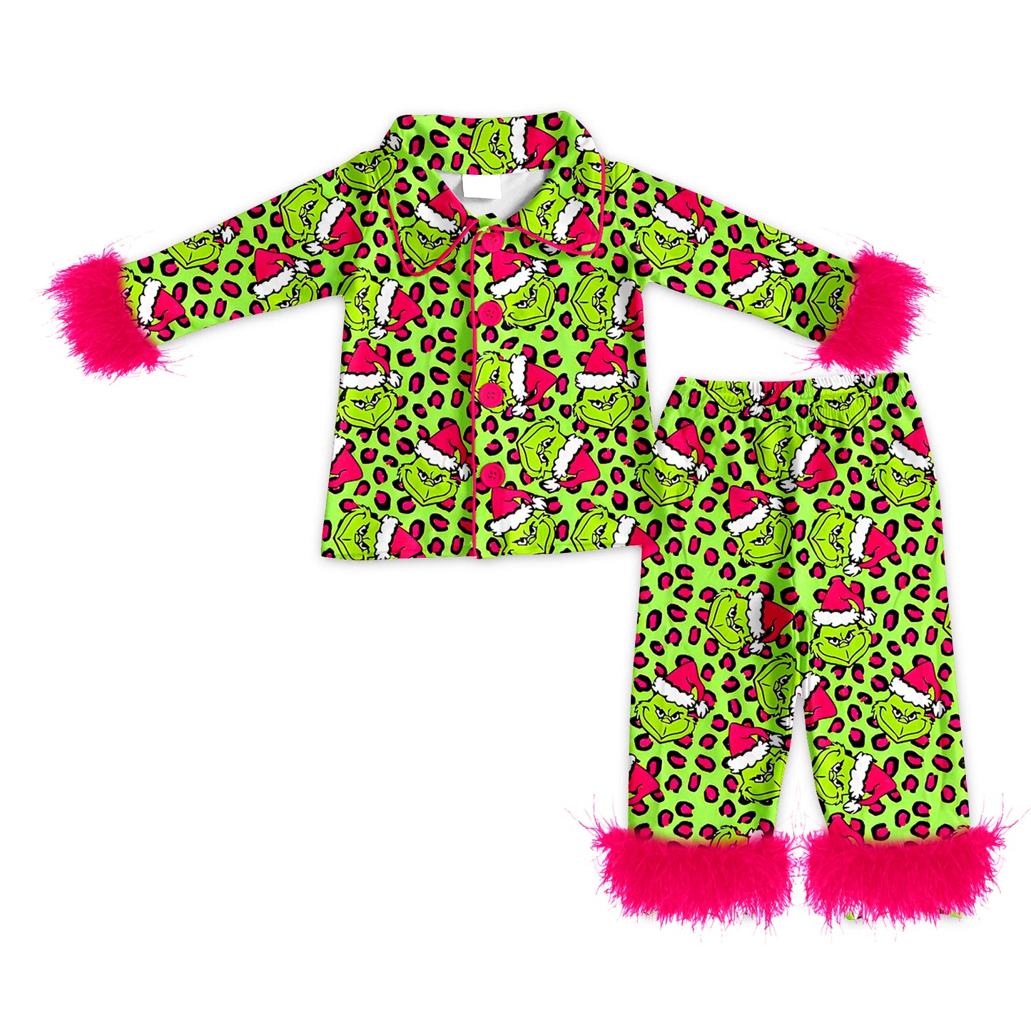 (Pre-order)GLP2670 Adult Green Frog Leopard Print Woman Christmas Buttons Fur Pajamas Clothes Set