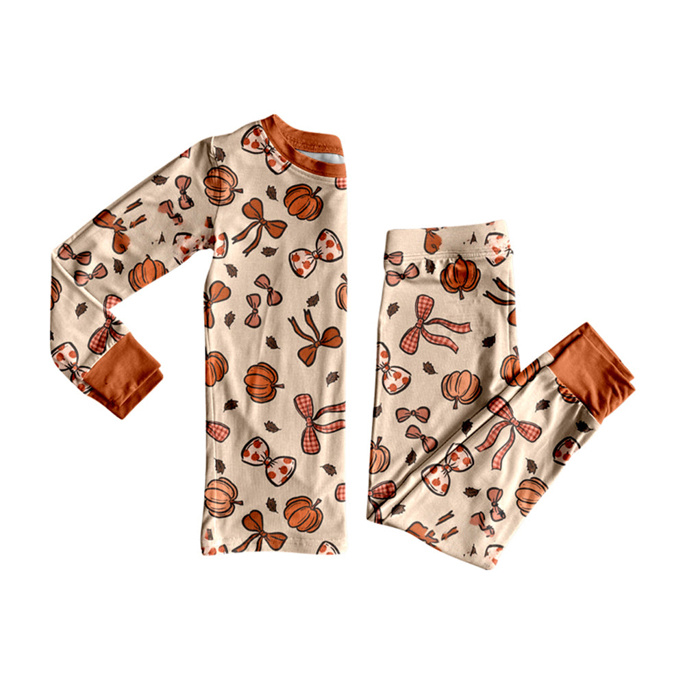 (Pre-order)GLP2675 Pumpkin Bows Print Girls Fall Pajamas Clothes Set