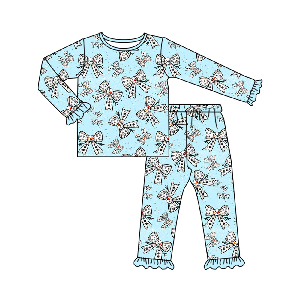 (Pre-order)GLP2679 Snowman Bows Print Girls Winter Pajamas Clothes Set