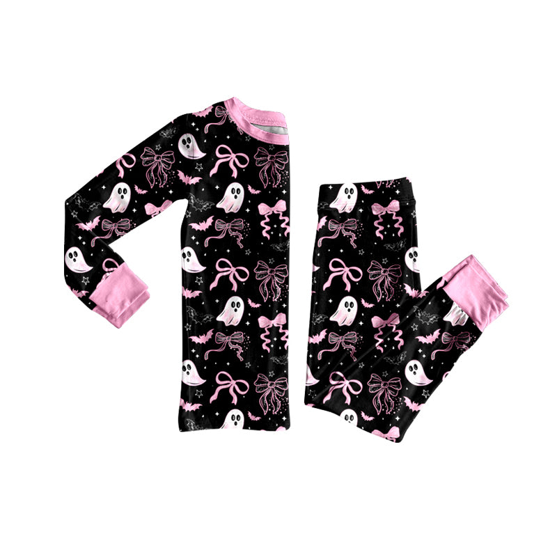(Pre-order)GLP2683 Spooky Bows Print Girls Halloween Pajamas Clothes Set