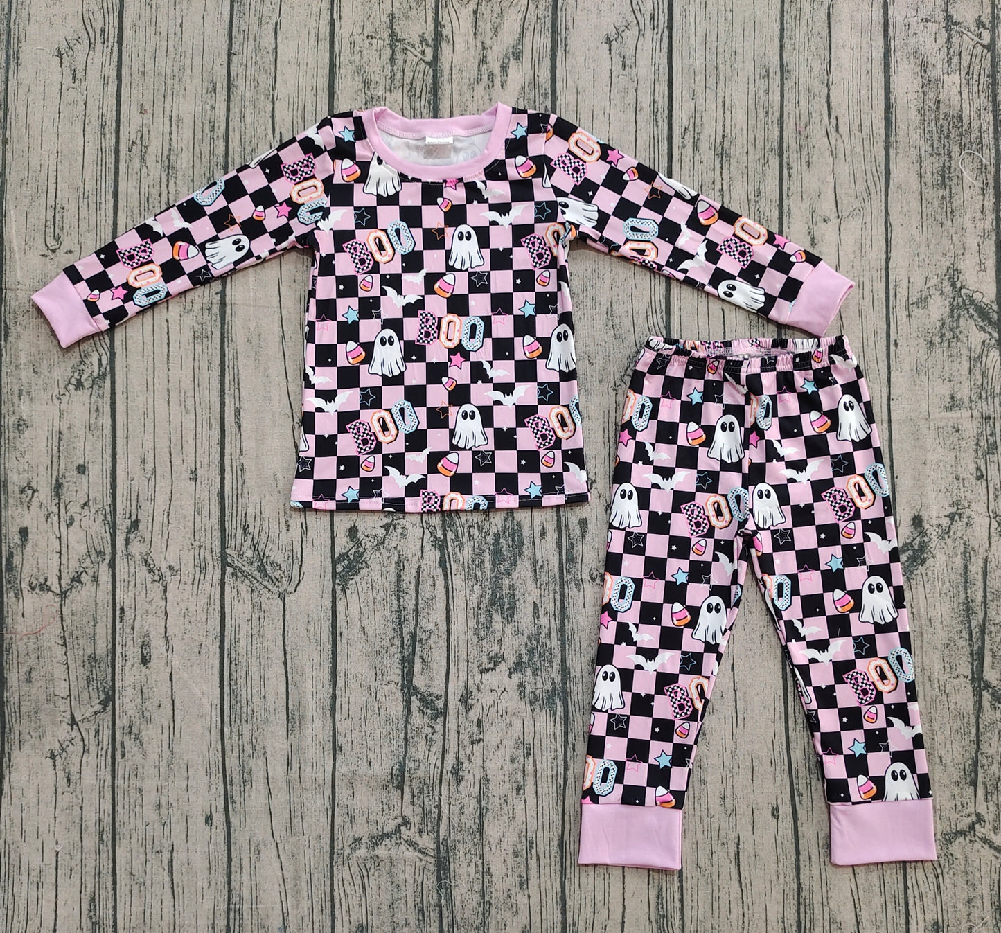 (Pre-order)GLP2684 BOO Spooky Candy Plaid Print Girls Halloween Pajamas Clothes Set