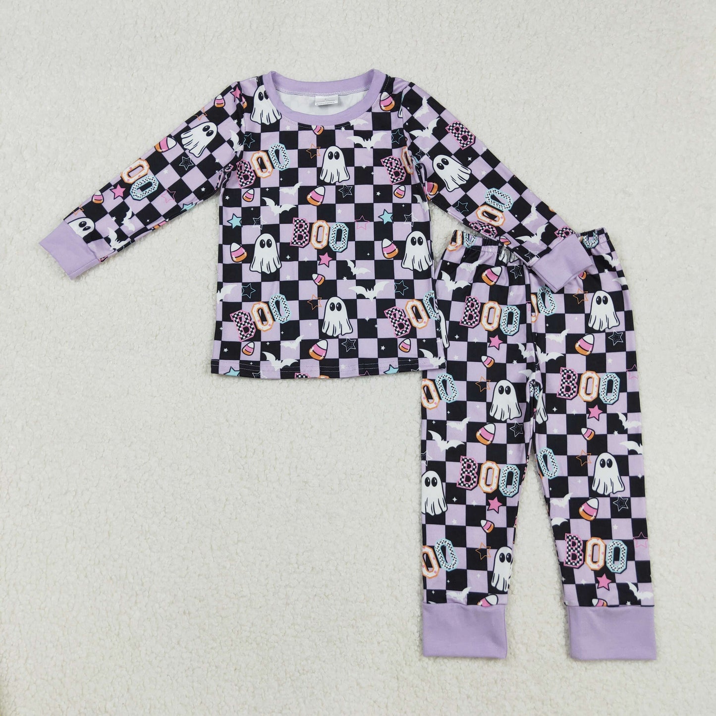 GLP2684 BOO Spooky Candy Plaid Print Girls Halloween Pajamas Clothes Set