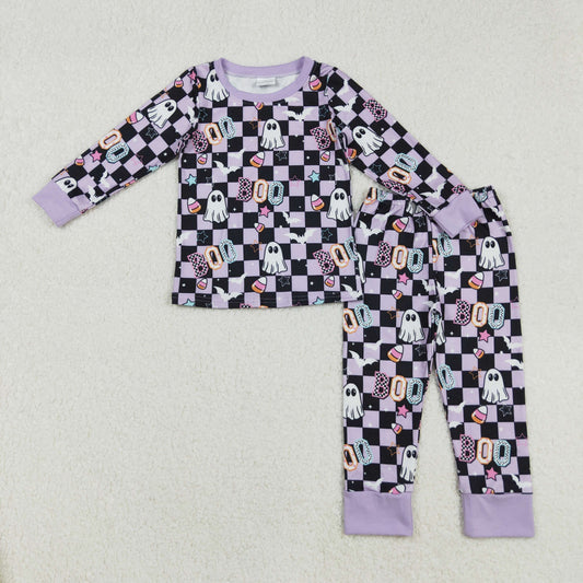 GLP2684 BOO Spooky Candy Plaid Print Girls Halloween Pajamas Clothes Set