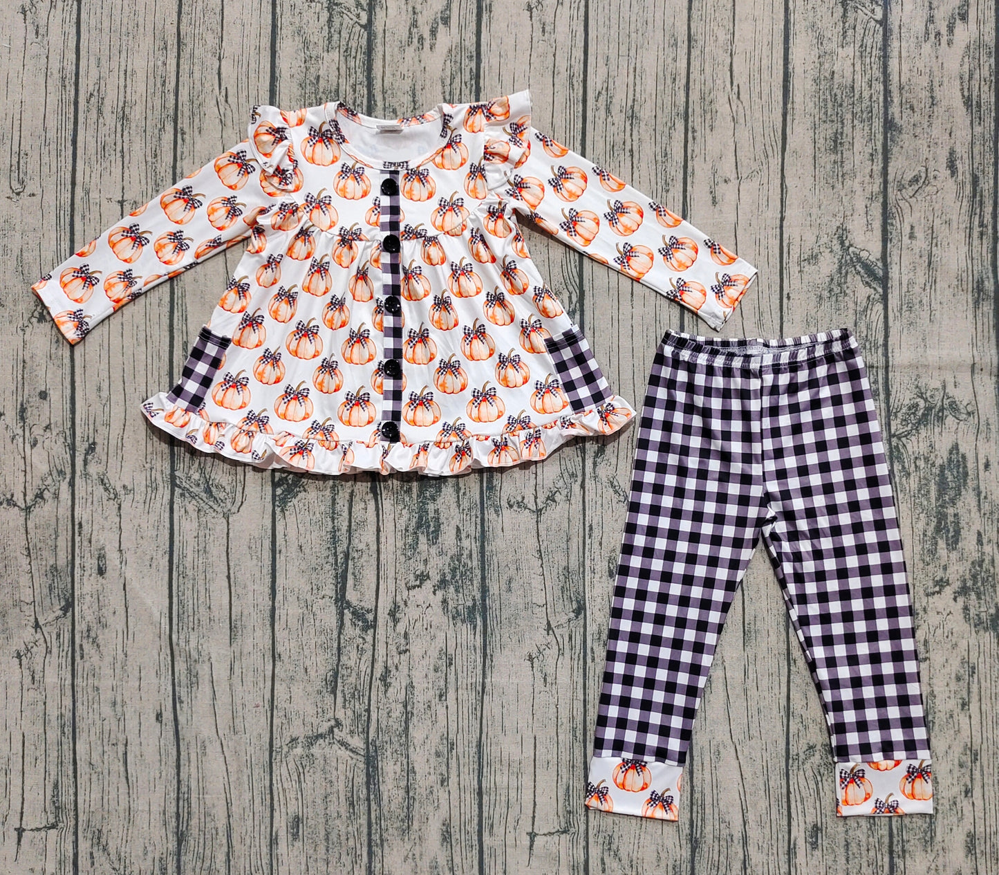(Pre-order)GLP2692 Pumpkin Bows Tunic Top Plaid Pants Girls Fall Clothes Set