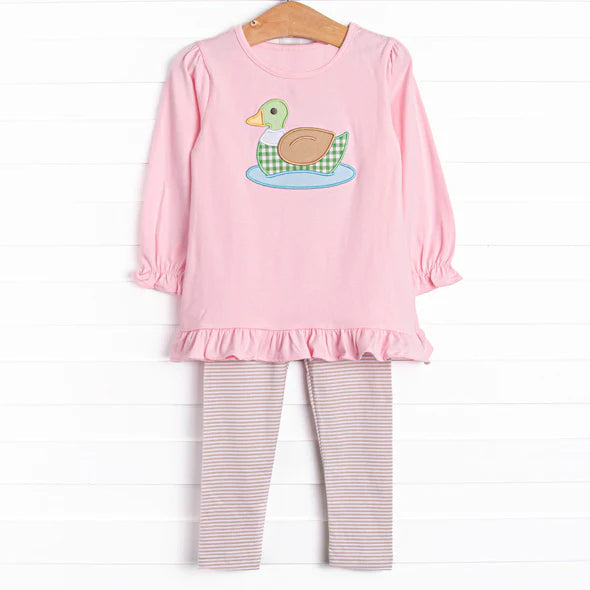 (Pre-order)GLP2698 Duck Pink Tunic Top Stripes Pants Girls Fall Clothes Set