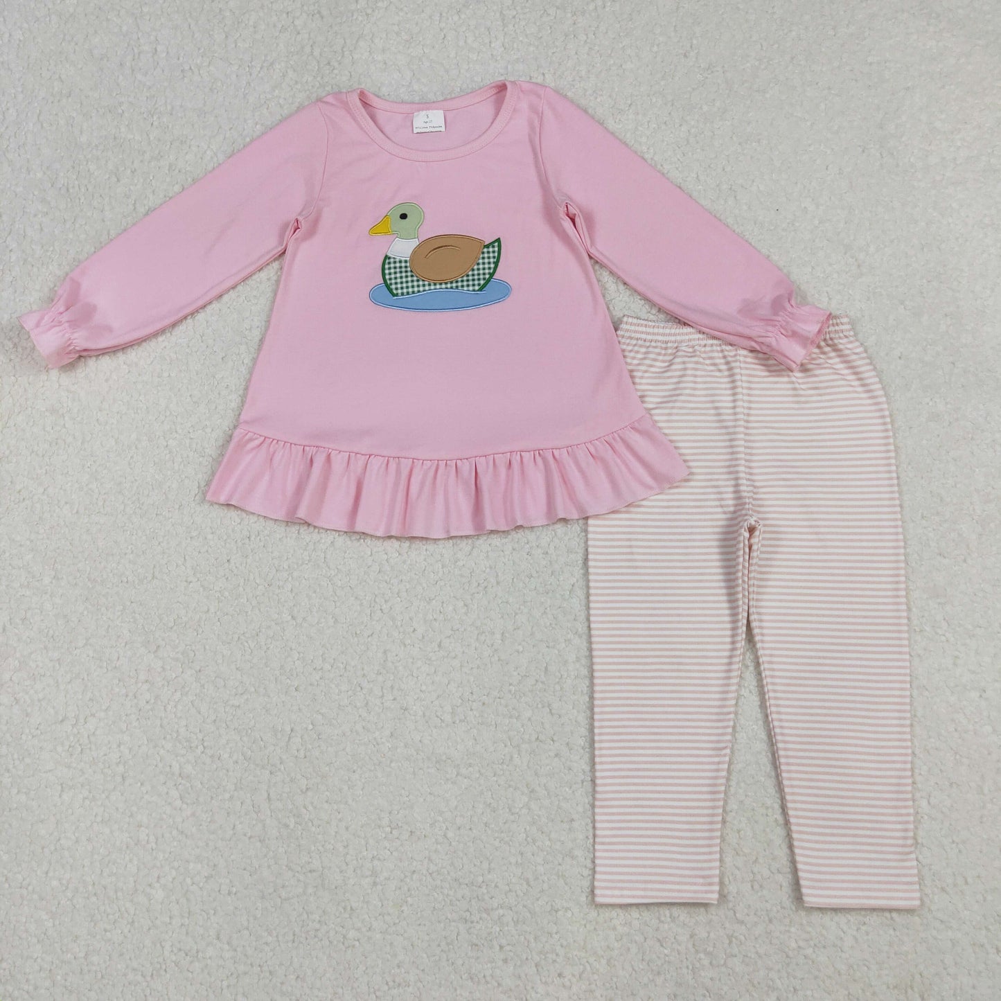 GLP2698 Duck Embroidery Pink Tunic Top Stripes Pants Girls Fall Clothes Set
