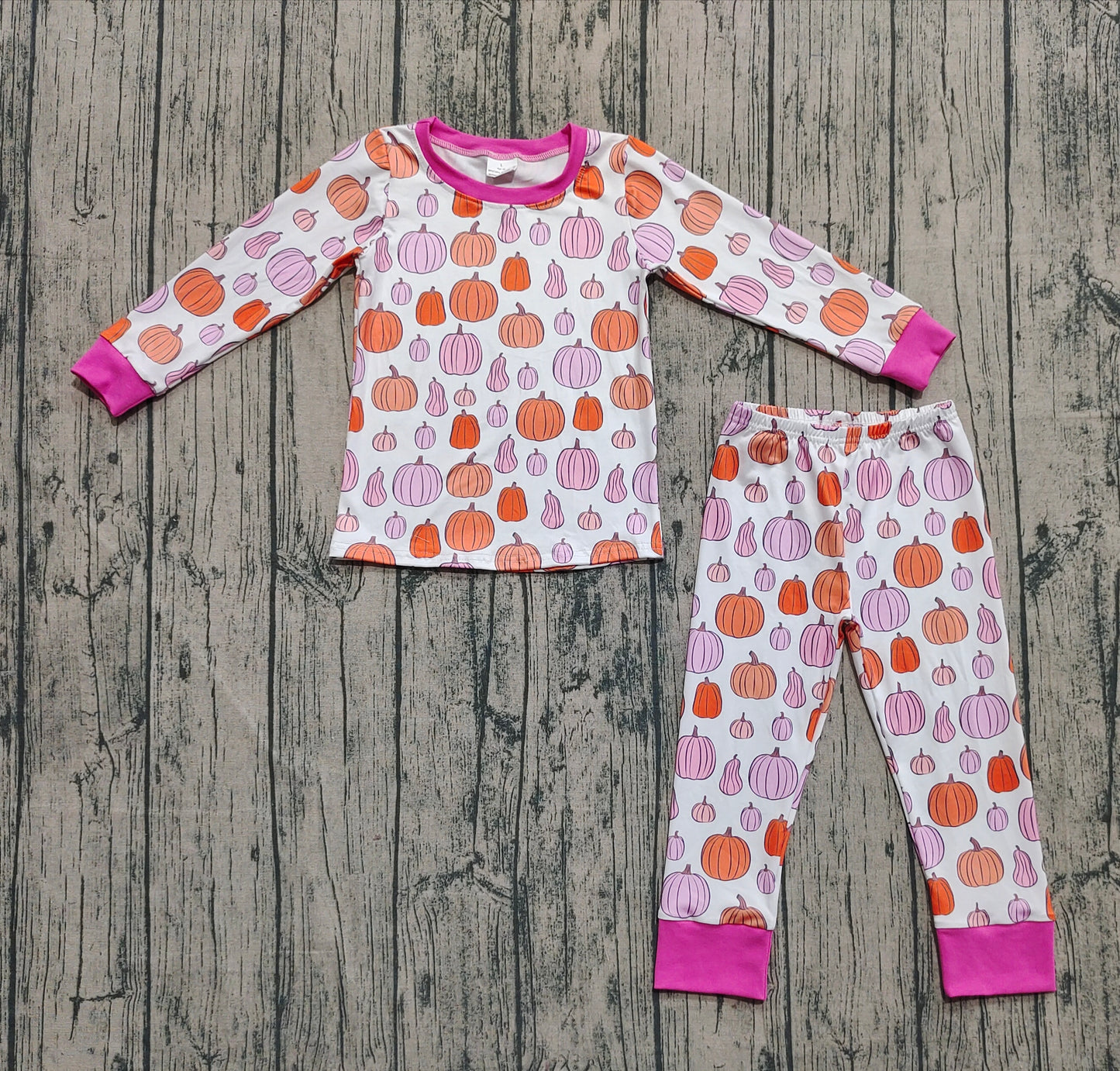 (Custom Design Preorder MOQ 20) Pumpkin Print Girls Fall Bamboo Pajamas Clothes Set