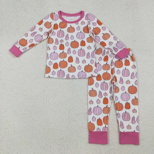 GLP2702 Pink Orange Pumpkin Print Girls Fall Pajamas Clothes Set