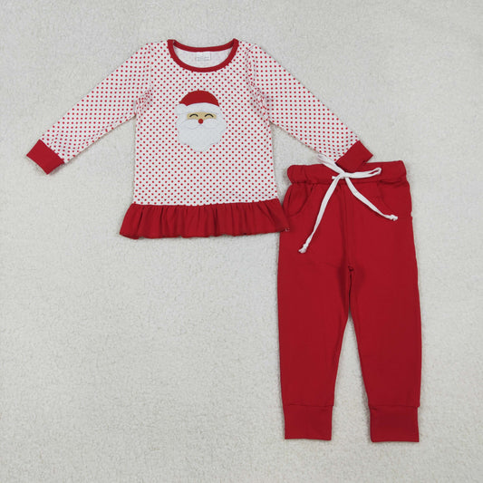 GLP2708 Santa Embroidery Stripes Top Red Pockets Pants Girls Christmas Clothes Set