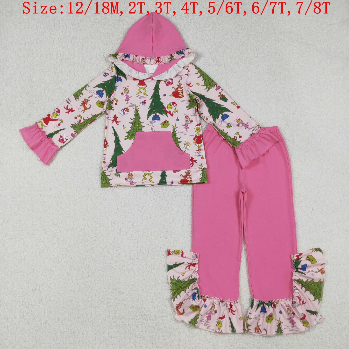 GLP2709 Green Frog Tree Hoodie Top Pink Pants Girls Christmas Clothes Set