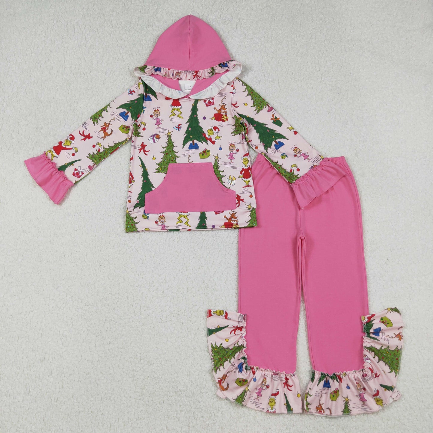 GLP2709 Green Frog Tree Hoodie Top Pink Pants Girls Christmas Clothes Set