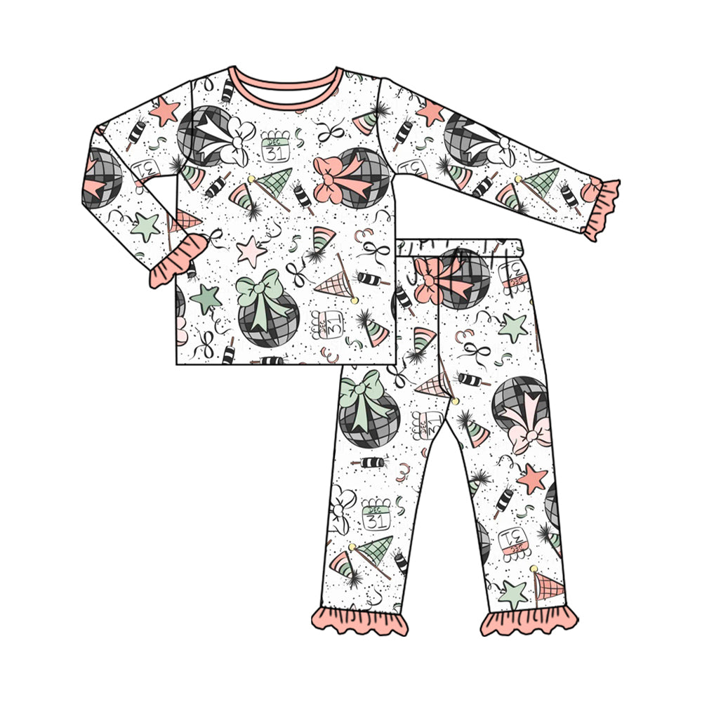 (Pre-order)GLP2711 DEC.31 Bows Print Girls Happy New Year Pajamas Clothes Set