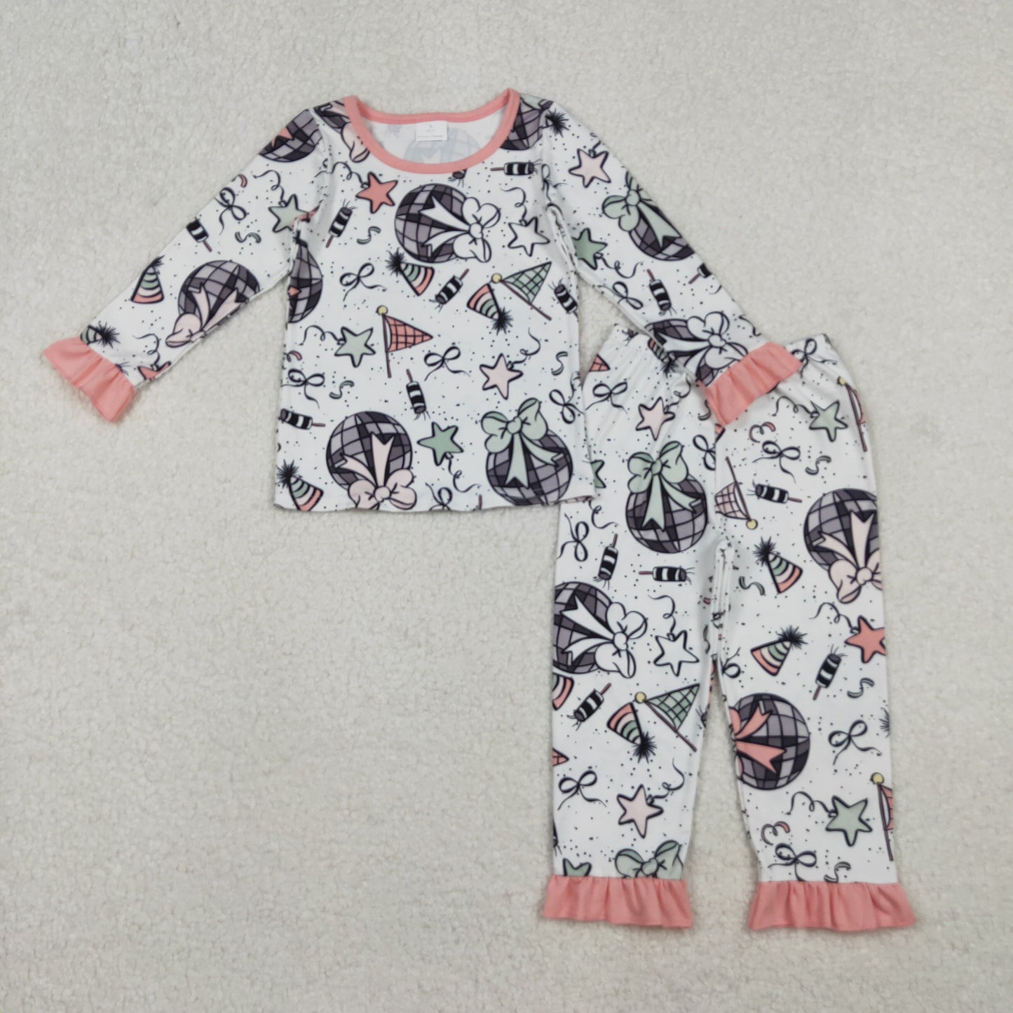 Fireworks Stars Bows Print Girls Happy New Year Clothes Sisters Matching Wear