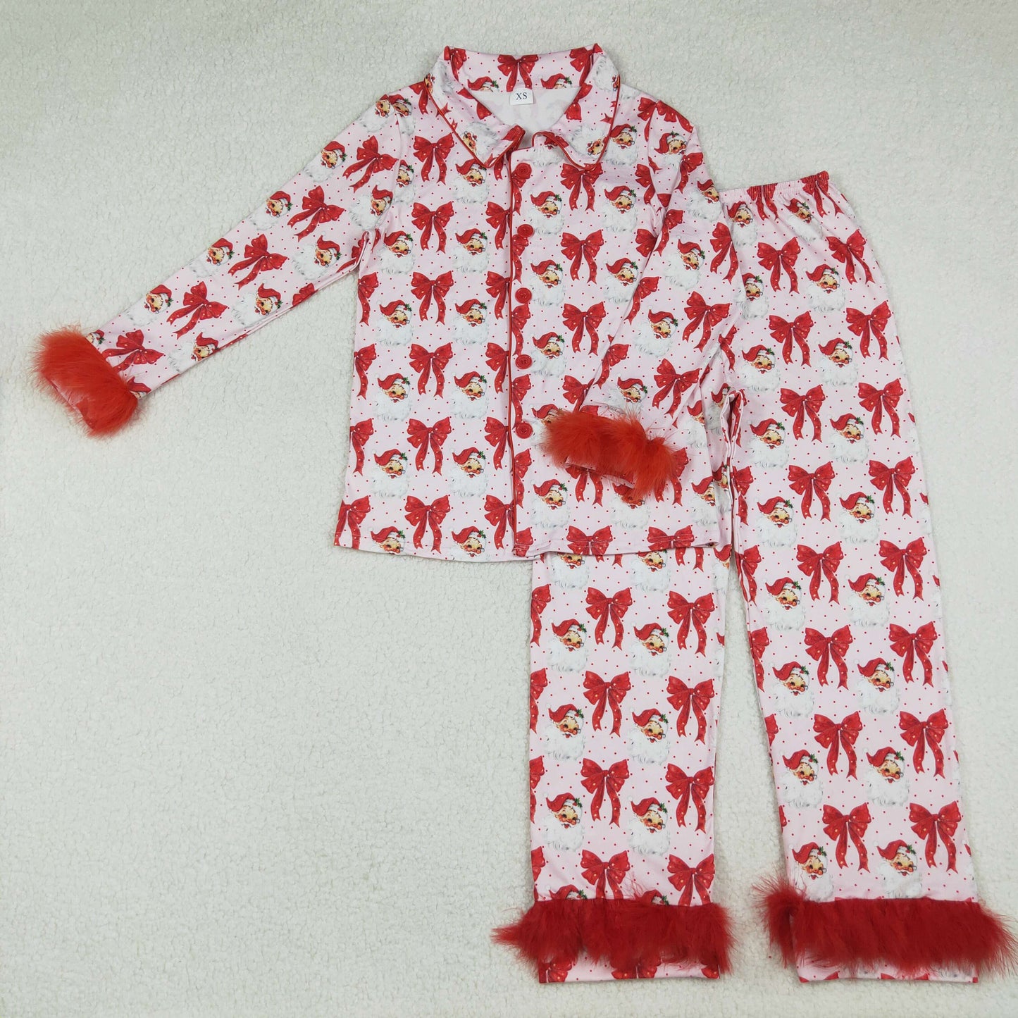 GLP2715 Adult Santa Bows Print Woman Christmas Buttons Fur Pajamas Clothes Set