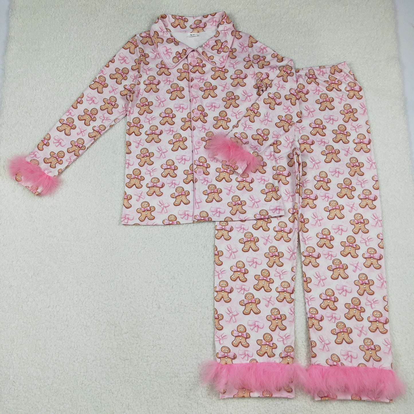 GLP2716 Adult Gingerbread Bows Print Woman Christmas Buttons Fur Pajamas Clothes Set