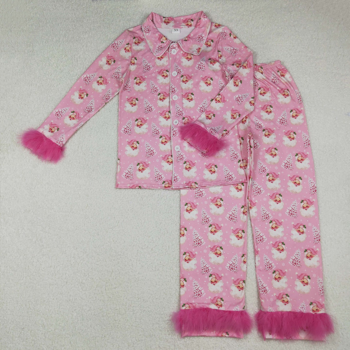 GLP2718 Adult Santa Pink Print Woman Christmas Buttons Fur Pajamas Clothes Set