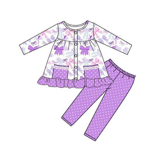 (Pre-order)GLP2722 Purple Bows Pockets Tunic Top Dots Pants Girls Fall Clothes Set