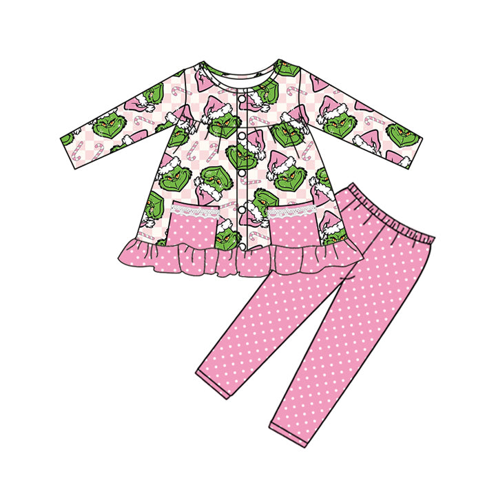 (Pre-order)GLP2727 Green Frog Candy Cane Pockets Tunic Top Dots Pants Girls Christmas Clothes Set