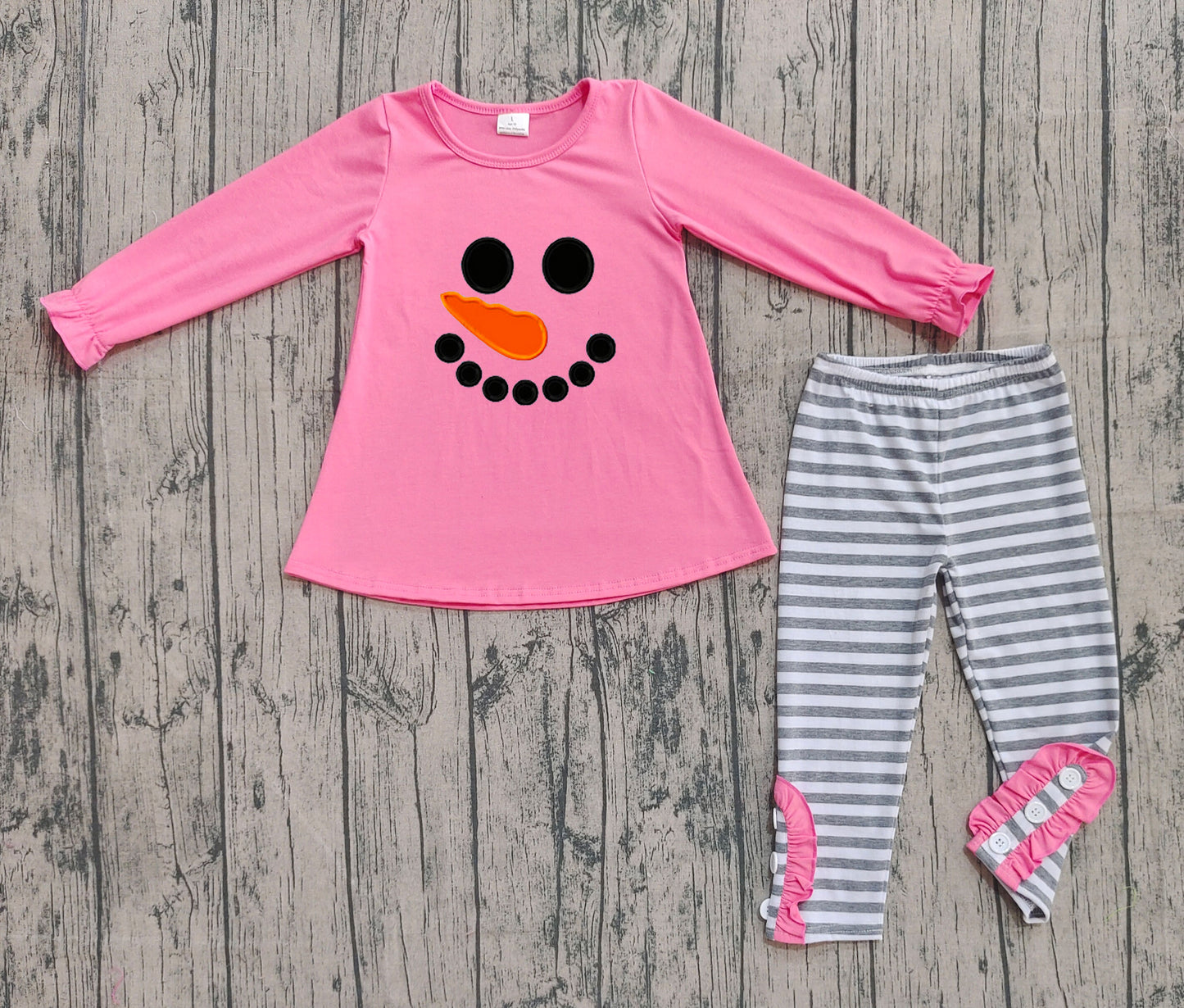(Pre-order)GLP2728 Snowman Pink Top Stripes Pants Girls Christmas Clothes Set