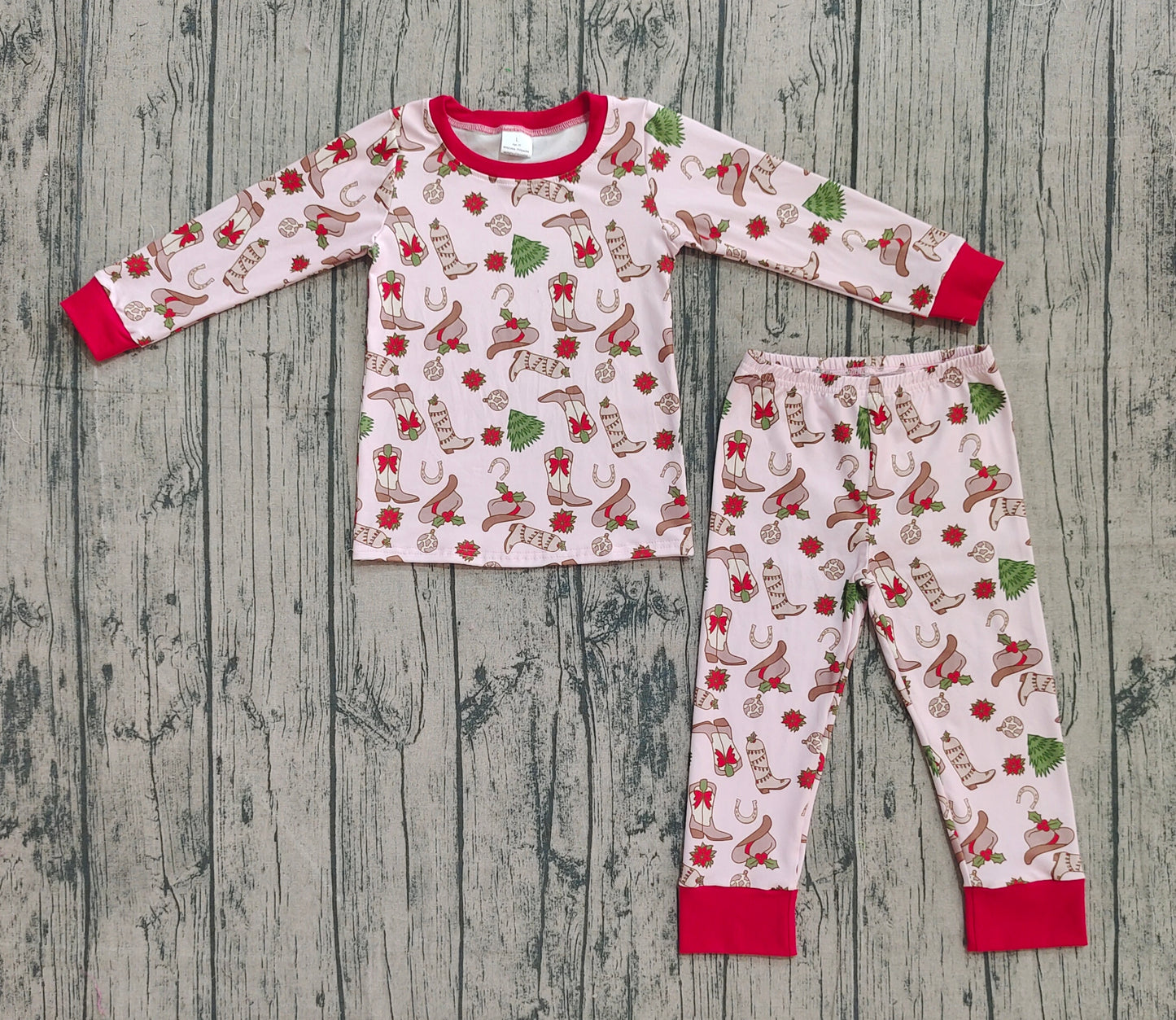 (Pre-order)GLP2729 Boots Hat Holly Print Girls Christmas Pajamas Clothes Set