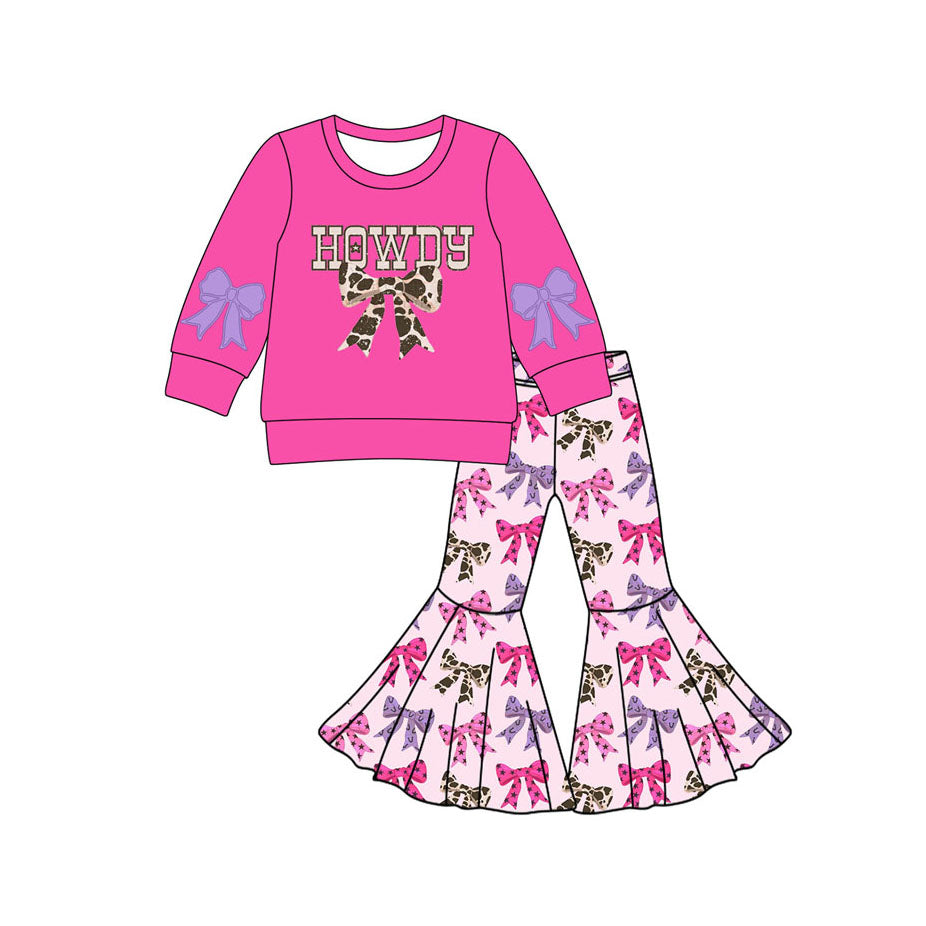 (Pre-order)GLP2731 HOWDY Hot Pink Bows Top Bell Pants Girls Western Clothes Set
