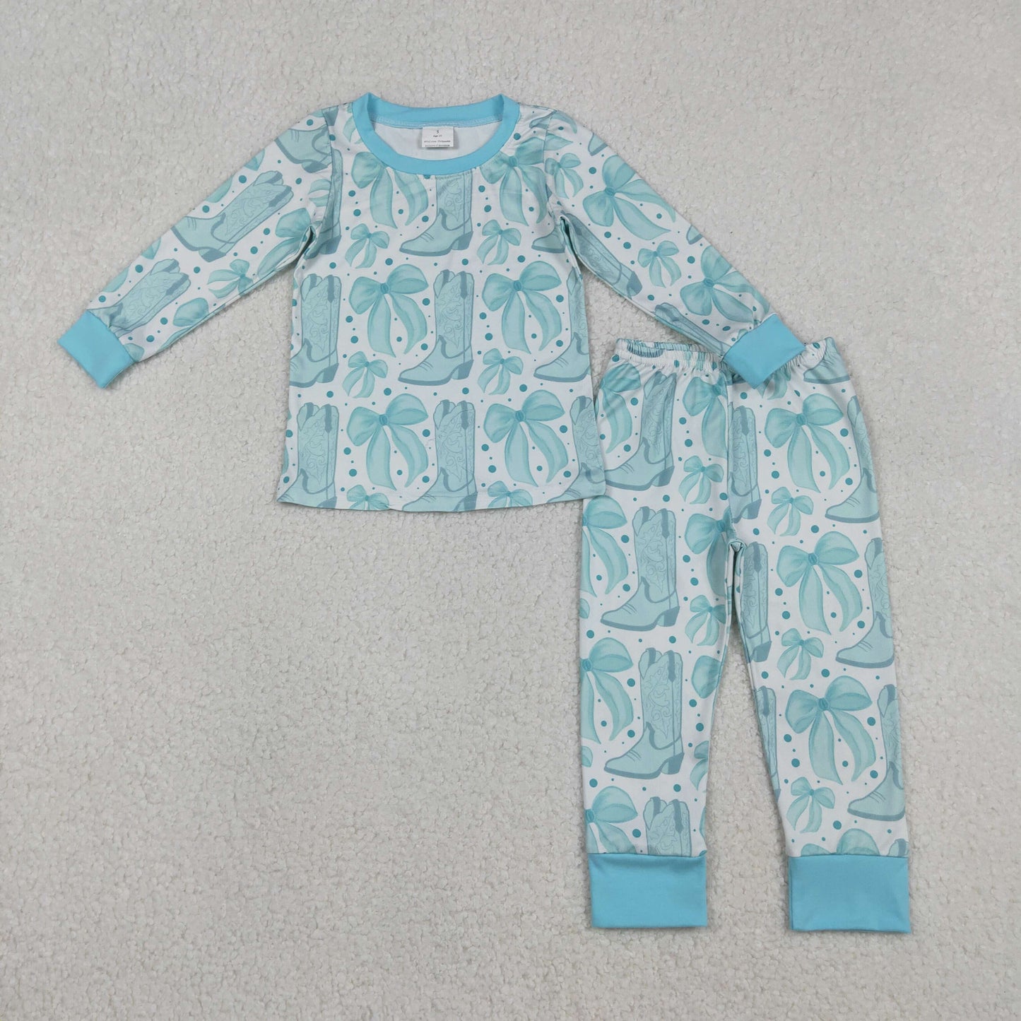 GLP2732 Blue Bows Boots Print Girls Western Pajamas Clothes Set