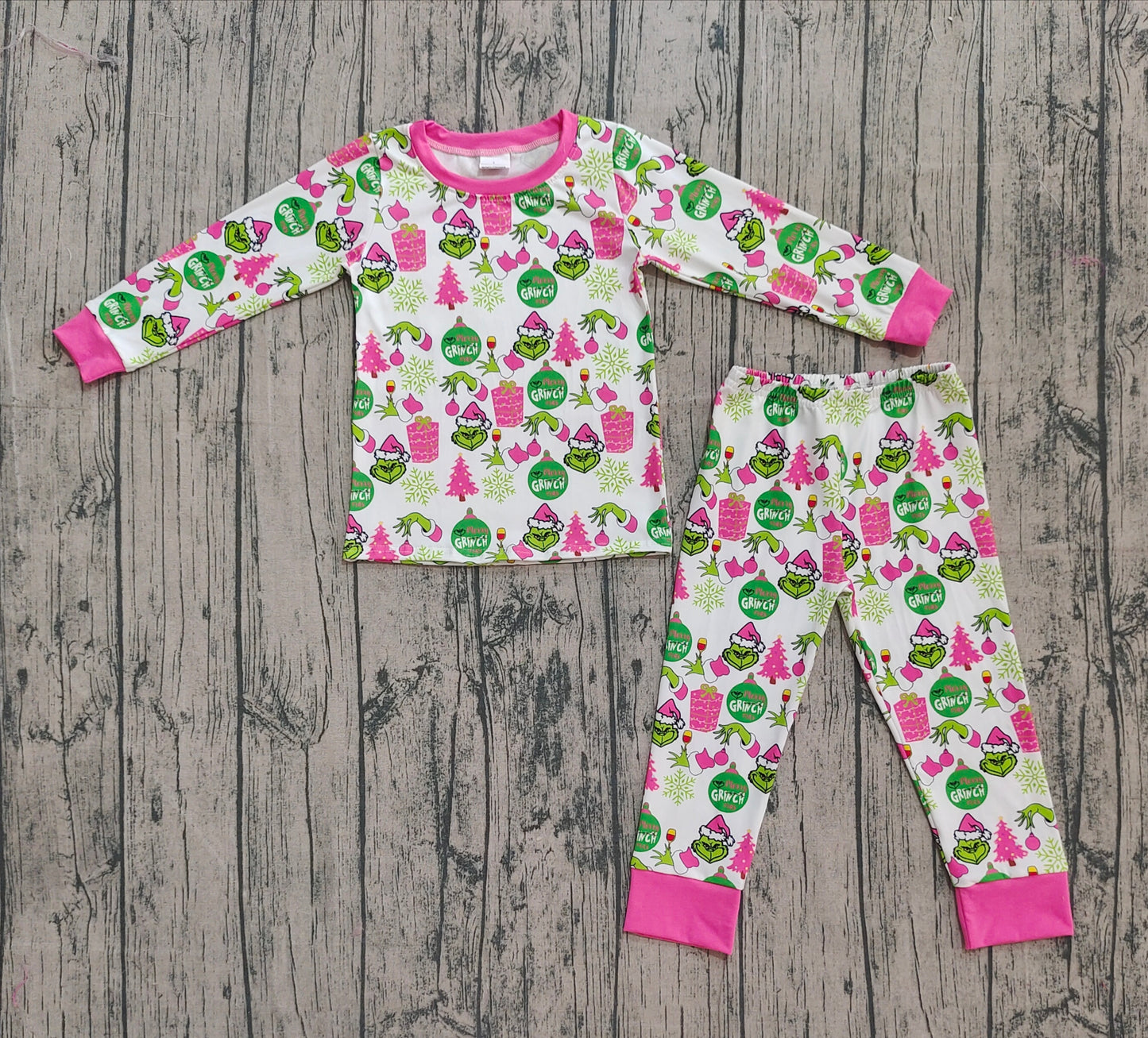(Pre-order)GLP2733 Green Frog Lights Print Girls Christmas Pajamas Clothes Set