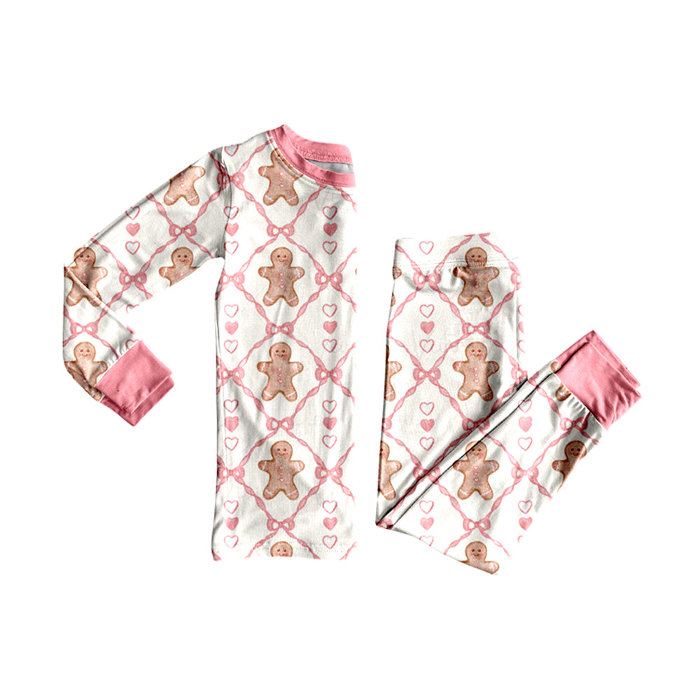 (Pre-order)GLP2737 Gingerbread Bows Print Girls Christmas Pajamas Clothes Set
