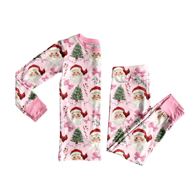 (Pre-order)GLP2746 Santa Pink Bows Print Girls Christmas Pajamas Clothes Set