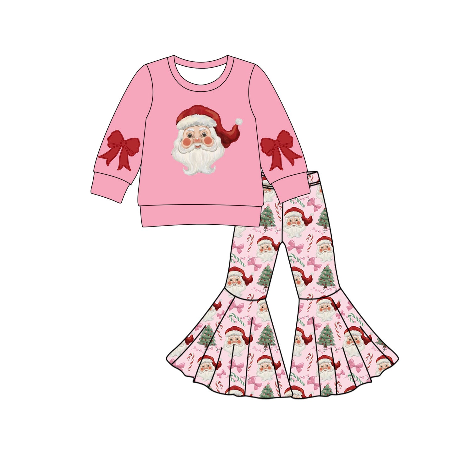 (Pre-order)GLP2748 Santa Pink Bows Top Bell Pants Girls Christmas Clothes Set