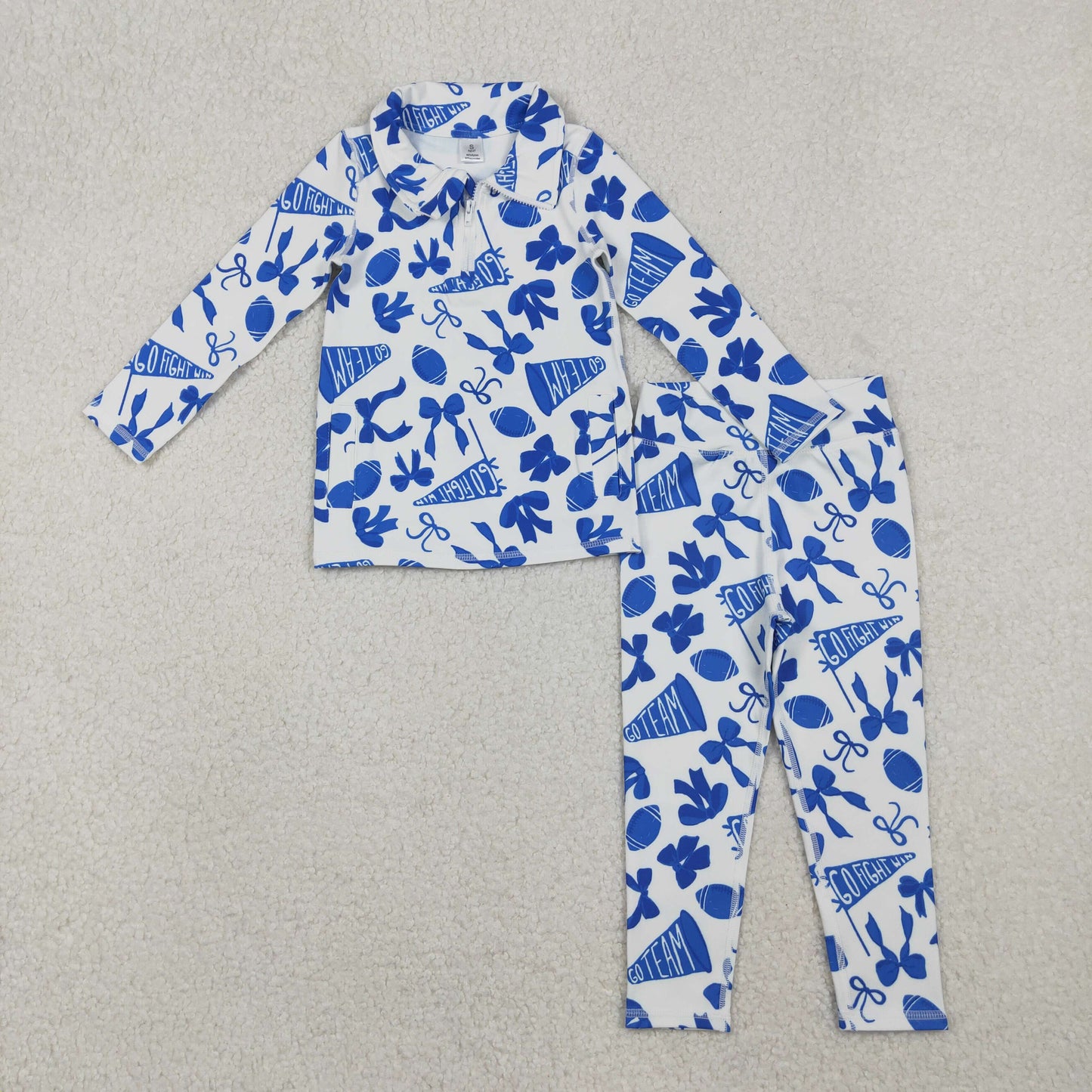 GLP2761 Go Team Cheer Bows Blue Zipper Pullover Top Legging Pants Girls Yoga Clothes Set