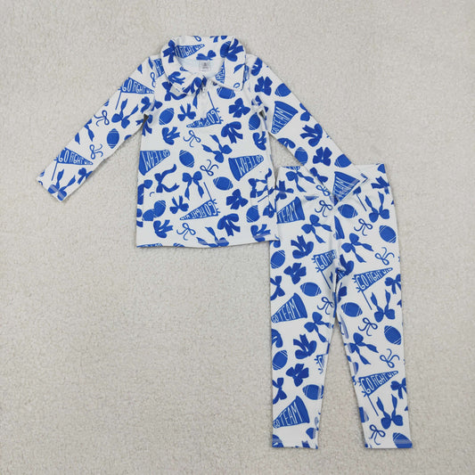 GLP2761 Go Team Cheer Bows Blue Zipper Pullover Top Legging Pants Girls Yoga Clothes Set