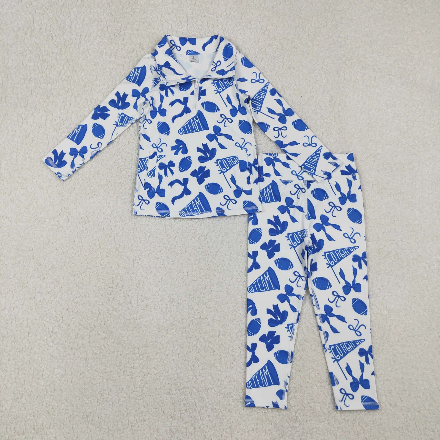 GLP2761 Go Team Cheer Bows Blue Zipper Pullover Top Legging Pants Girls Yoga Clothes Set