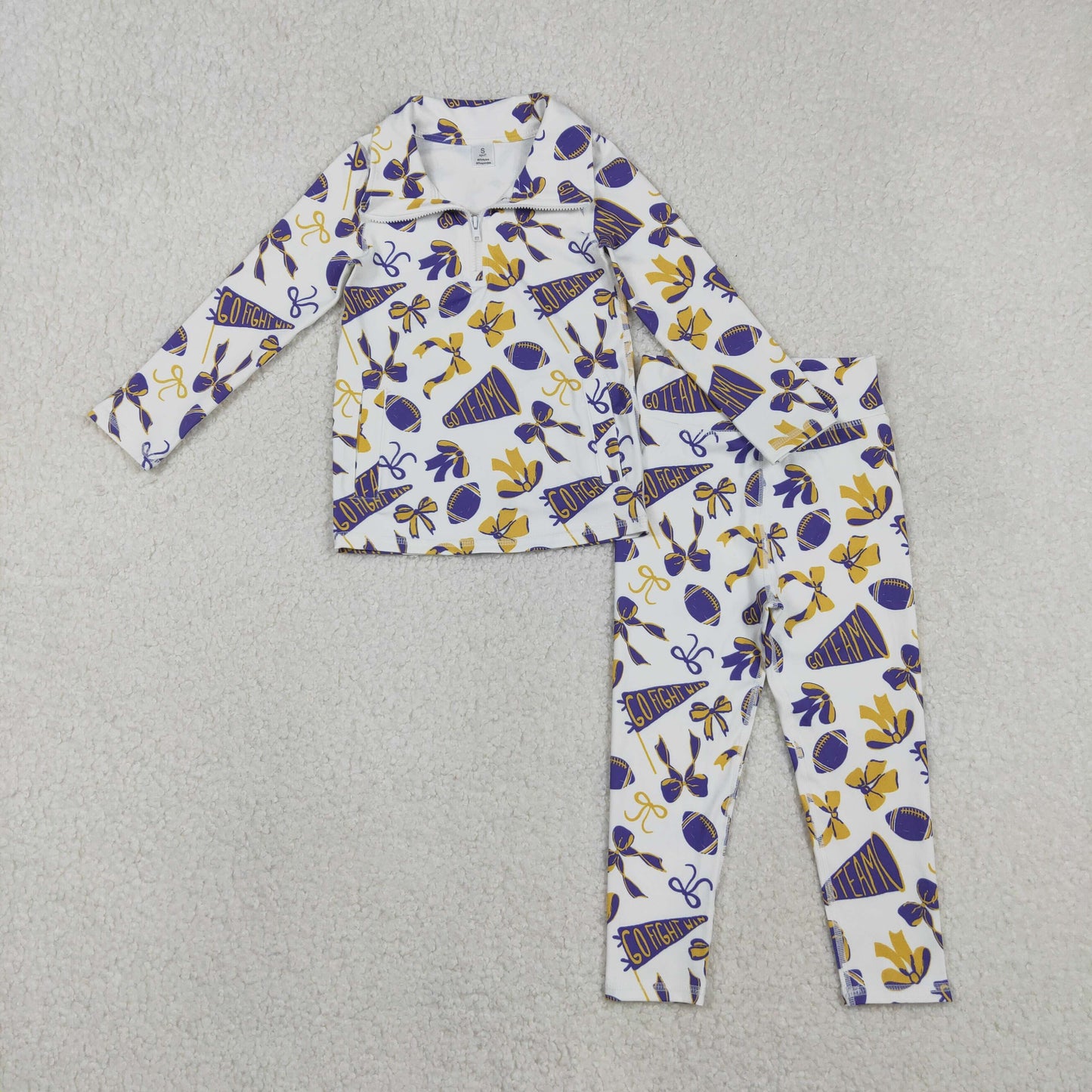 GLP2762 Go Team Cheer Bows Purple Zipper Pullover Top Legging Pants Girls Yoga Clothes Set
