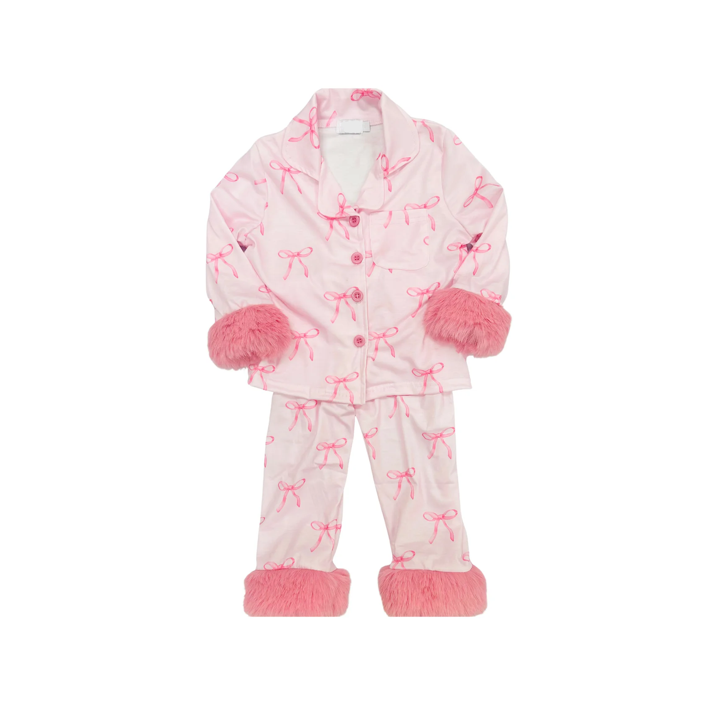 (Pre-order)GLP2764 Pink Bows Print Girls Buttons Fur Pajamas Clothes Set