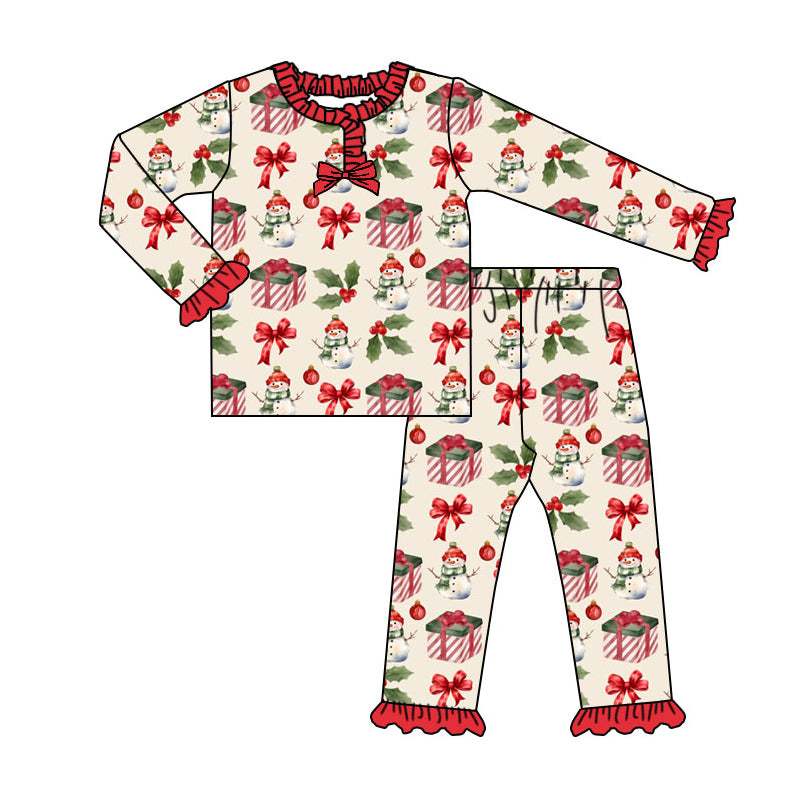 (Pre-order)GLP2773 Snowman Holly Print Girls Christmas Pajamas Clothes Set