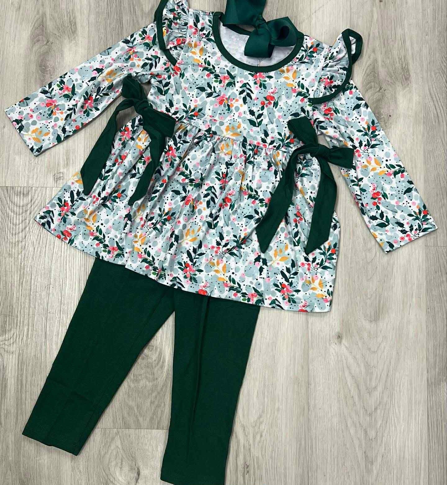 (Pre-order)GLP2775 Flowers Tunic Top Green Pants Girls Fall Clothes Set