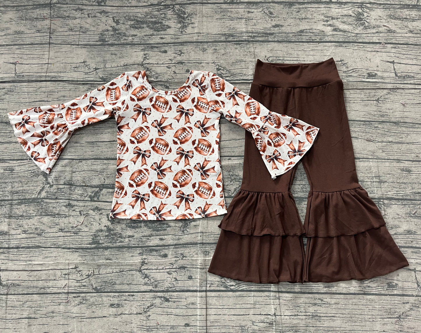 (Pre-order)GLP2787 Football Bows Top Brown Bell Pants Girls Fall Clothes Set