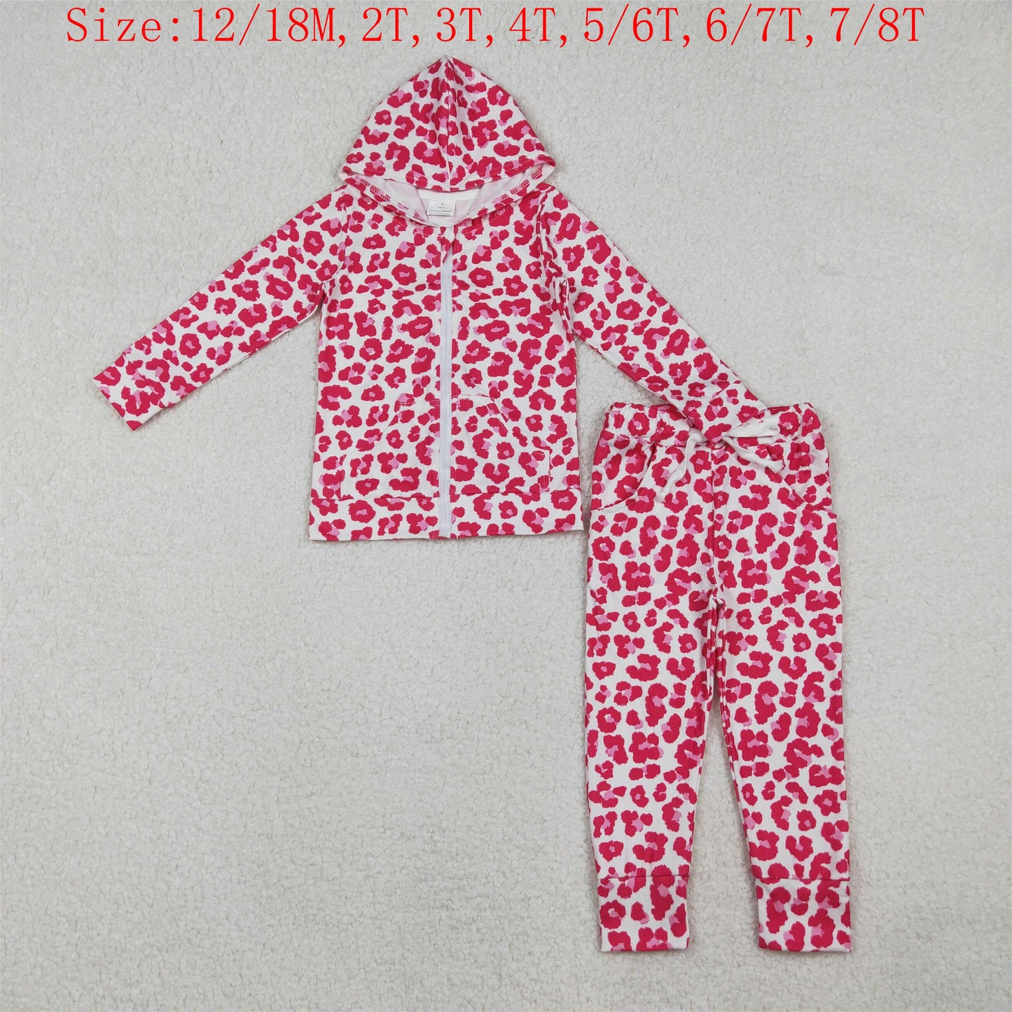 GLP2790 Pink Leopard Zipper Hoodie Top Pockets Pants Girls Fall Clothes Set