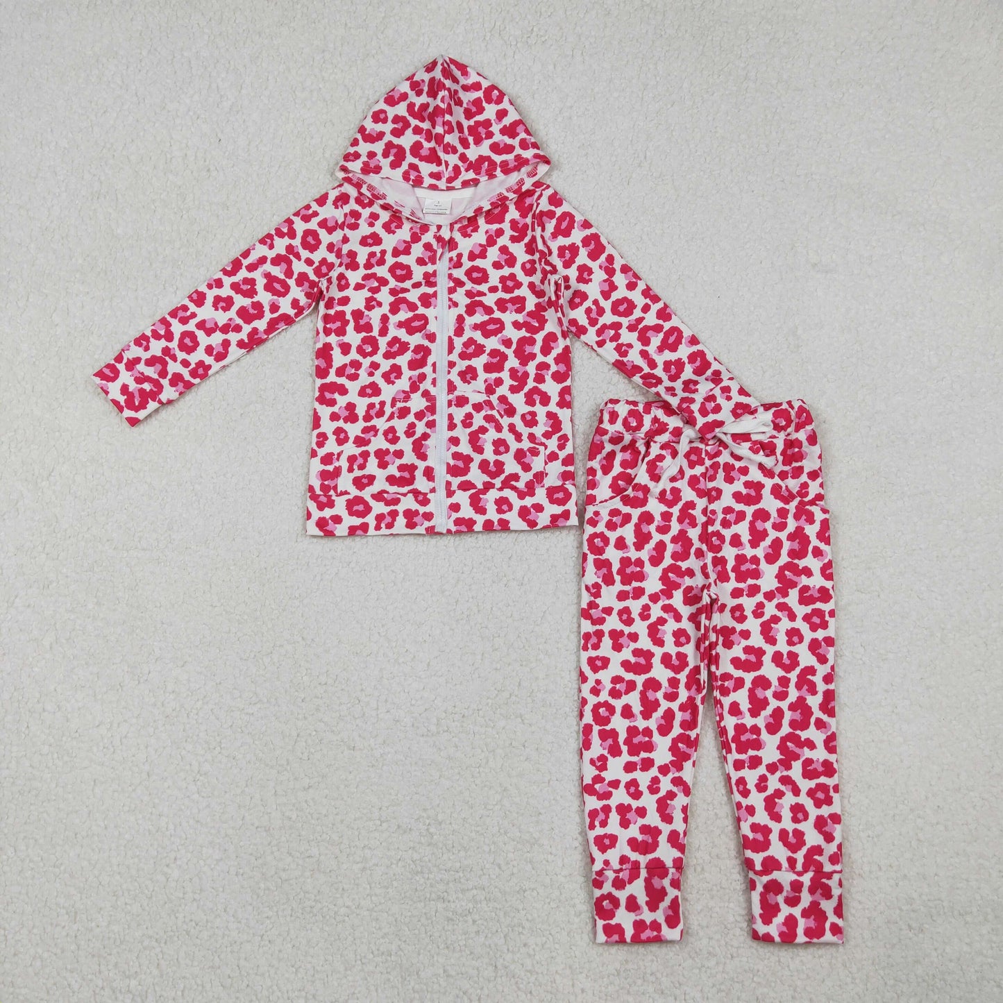 GLP2790 Pink Leopard Zipper Hoodie Top Pockets Pants Girls Fall Clothes Set