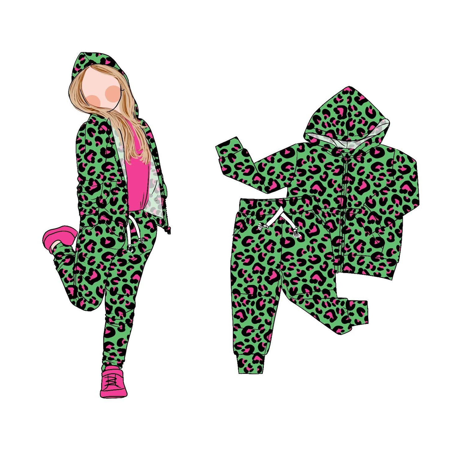 (Pre-order)GLP2792 Green Leopard Hoodie Top Pockets Pants Girls Fall Clothes Set