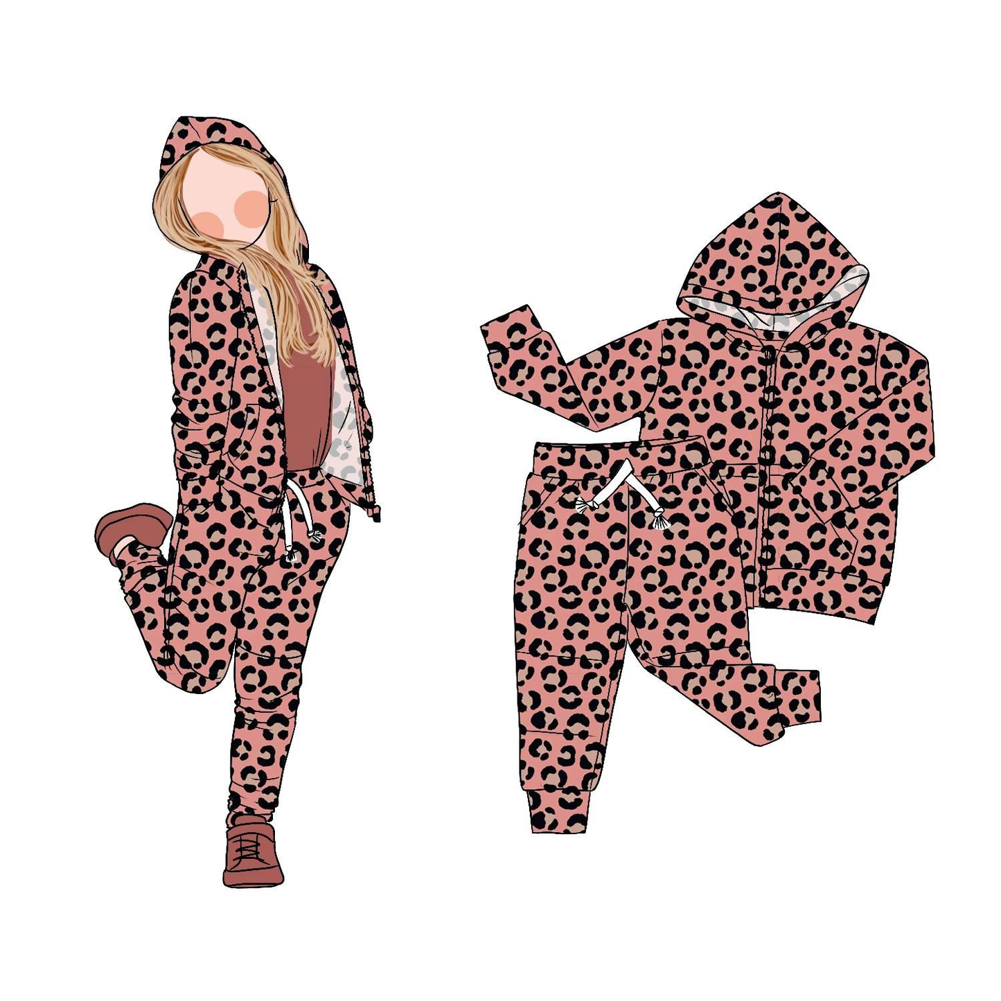 (Pre-order)GLP2794 Pink Leopard Hoodie Top Pockets Pants Girls Fall Clothes Set