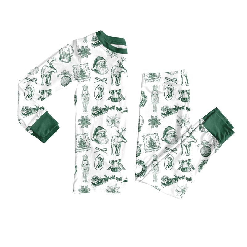 (Pre-order)GLP2800 Deer Santa Green Print Girls Christmas Pajamas Clothes Set