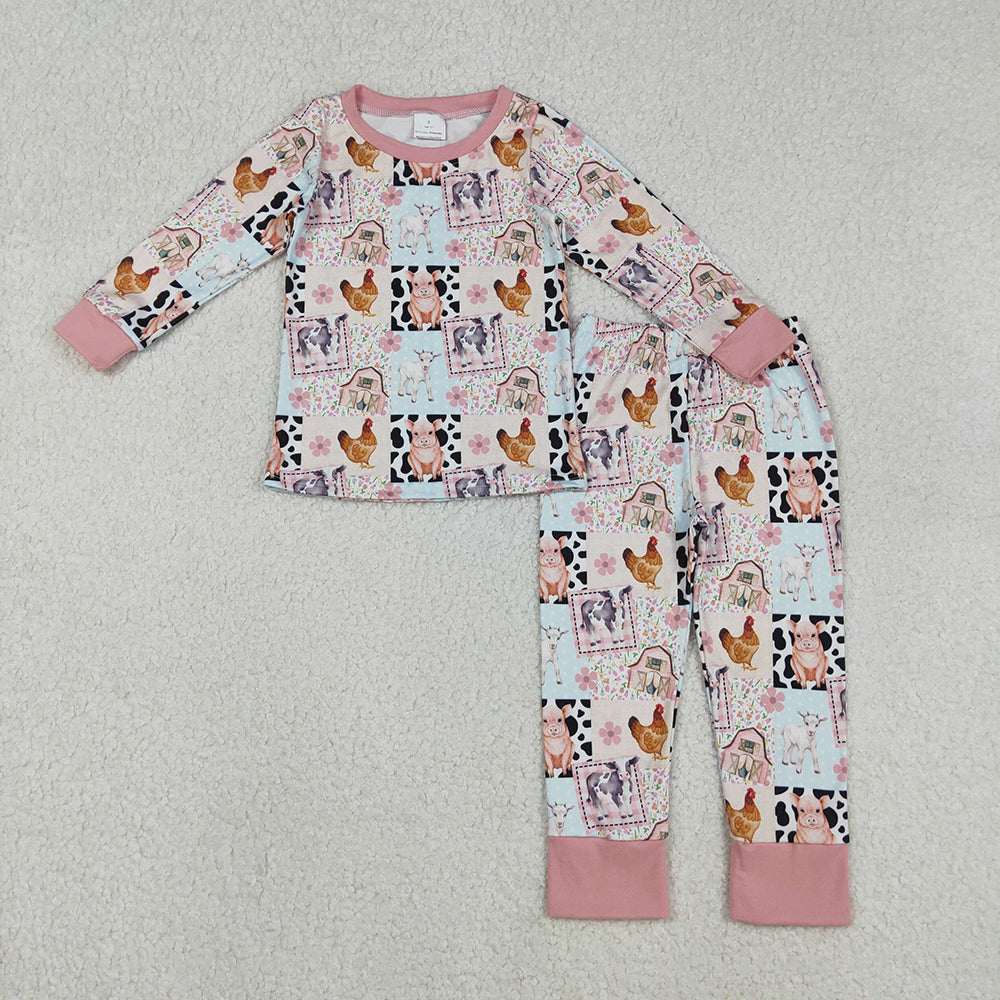GLP2805 Farm Animals Print Girls Fall Pajamas Clothes Set