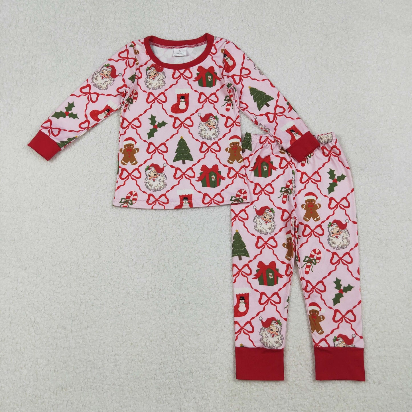 Santa Gringerbread Bows Print Family Christmas Pajamas Matching Clothes