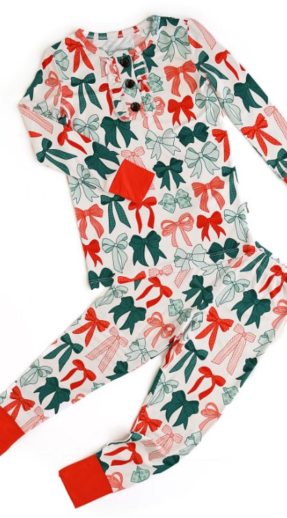(Pre-order)GLP2809 Red Green Bows Print Girls Christmas Pajamas Clothes Set