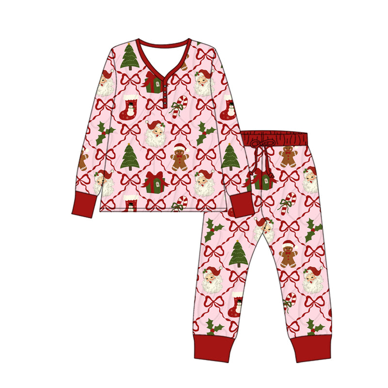 (Pre-order)GLP2815 Adult Bows Santa Gringerbread Bows Print Woman Christmas Pajamas Clothes Set