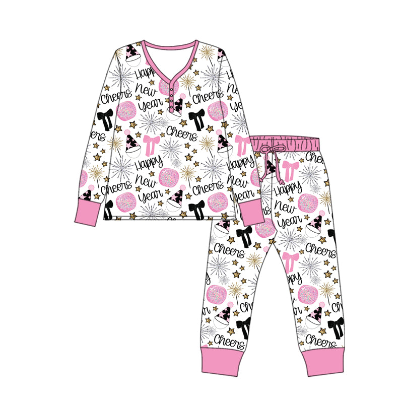 (Pre-order)GLP2817 Adult Stars Bows Print Woman Happy New Year Pajamas Clothes Set