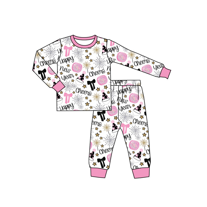 (Pre-order)GLP2818 Stars Bows Print Girls Happy New Year Pajamas Clothes Set
