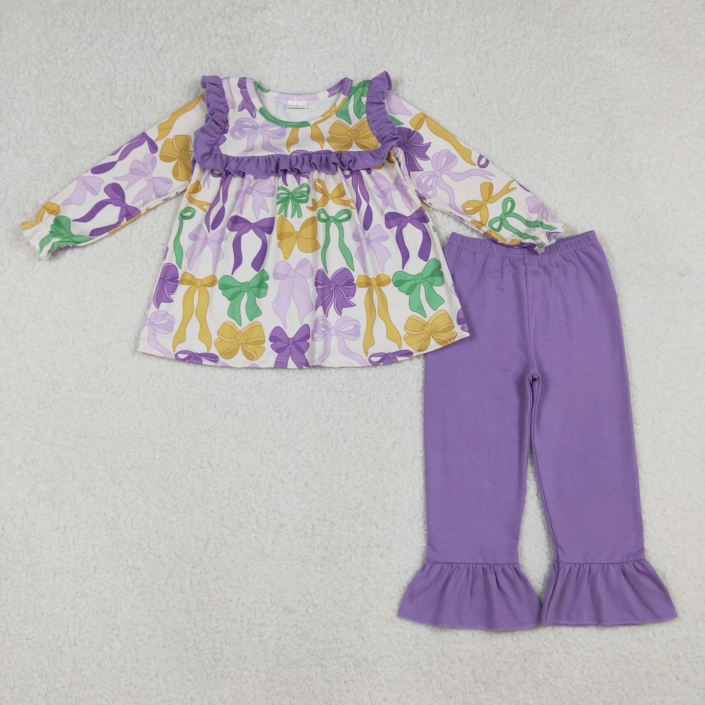 GLP2822 Colorful Bows Tunic Top Purple Pants Girls Mardi Gras Clothes Set
